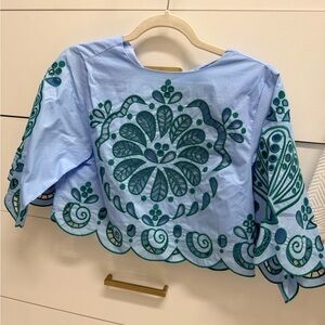 Blue and Green Embroidered Women's Top
